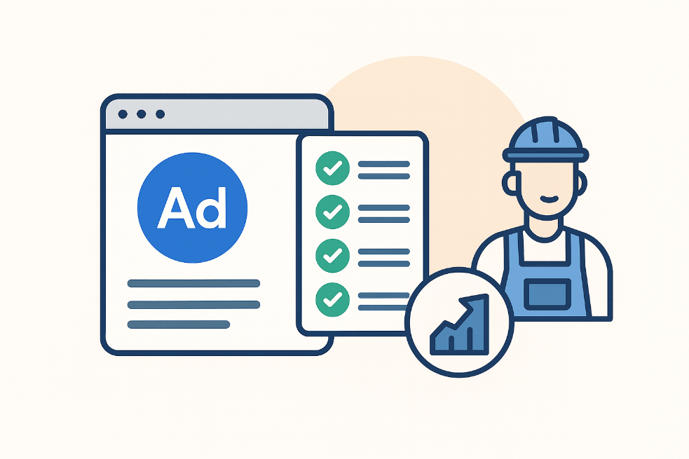 Grafik zur Google Ads Strategie für Dienstleister mit Ad-Symbol, Checkliste und Wachstumsgrafik