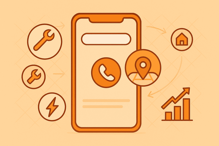 Illustration: Smartphone mit Suchanfrage „Elektriker in der Nähe“, Standort-Pin auf Stadtkarte und Handwerker-Icons