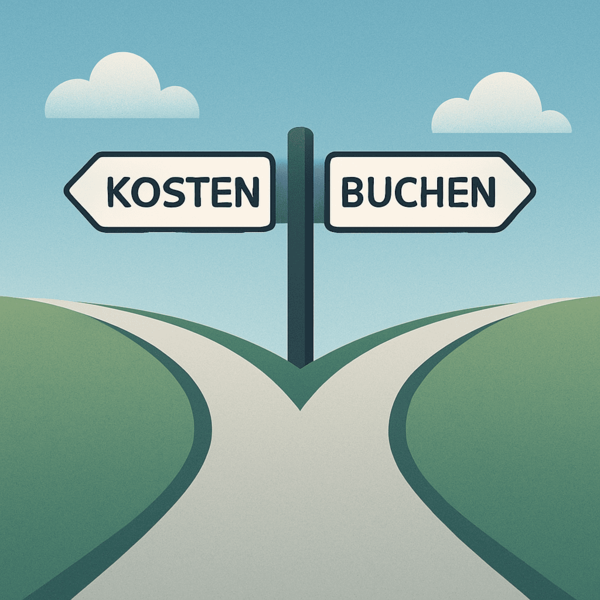 Illustration einer Weggabelung mit zwei Schildern („Kosten“ und „Buchen“) zur symbolischen Darstellung unterschiedlicher Suchintentionen bei Google Ads.