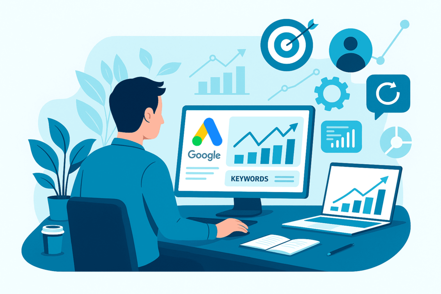 Digitale Illustration zeigt Google Ads Dashboard mit steigenden Diagrammen und Conversion-Symbolen – Sinnbild für erfolgreiche Kampagnenoptimierung und Google Ads Management.