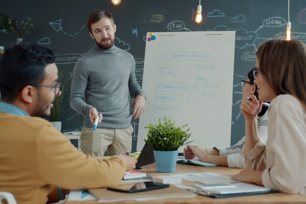 Team plant gemeinsam eine Google Ads Strategie am Whiteboard – Kampagnen-Setup im Rahmen einer professionellen Google Ads Betreuung